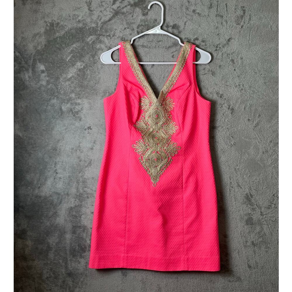 Lilly Pulitzer Junie Shift Dress Coral Reef Pink & Gold Size 4 Cotton